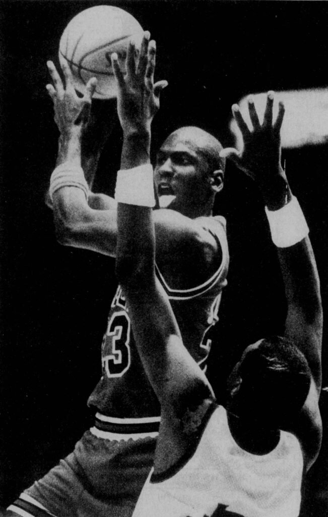 Michael Jordan shooting for the Chicago Bulls against the Washington Bullets in 1988