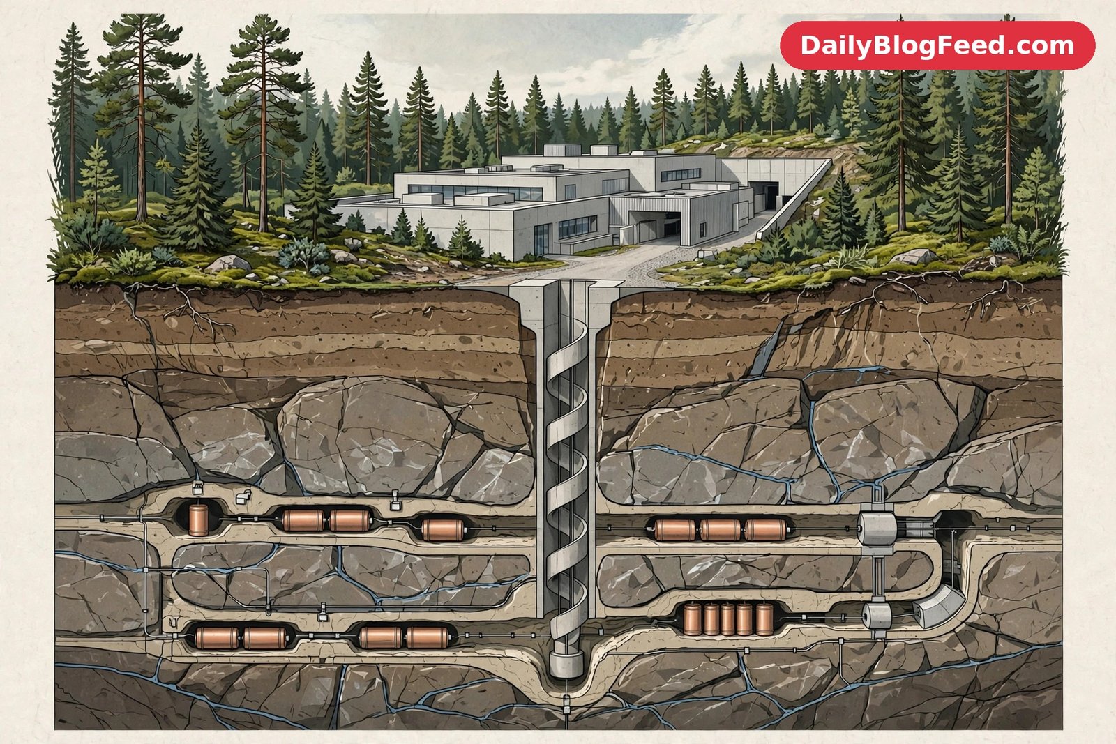 underground rock tunnel, Finnish pine forest facility, editorial illustration