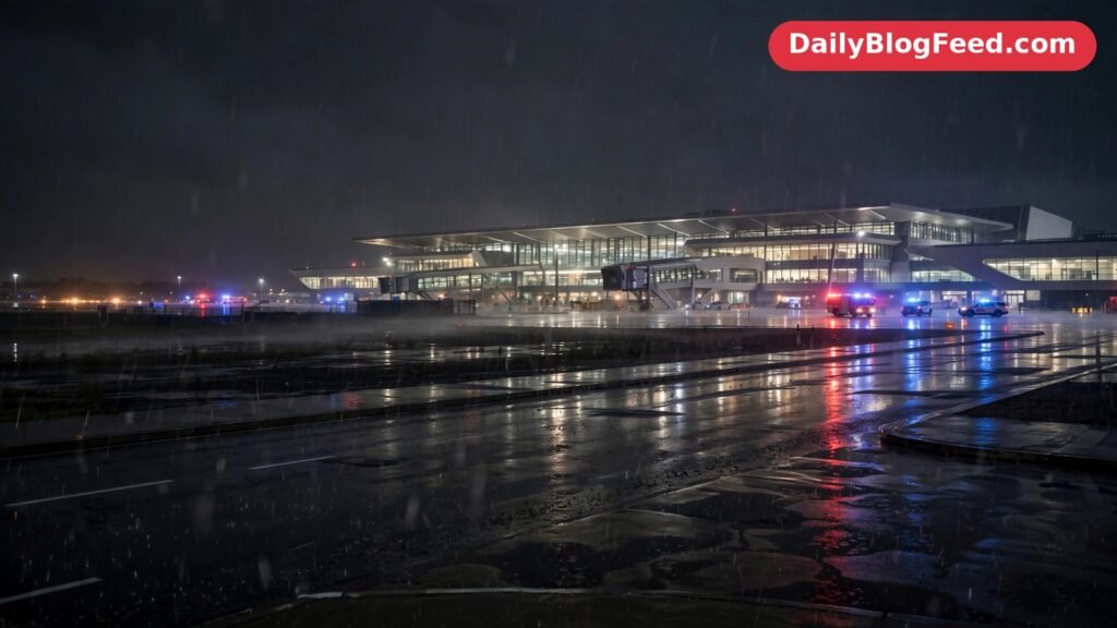 Emergency vehicles outside King Fahd International Airport in Dammam at night after the attack