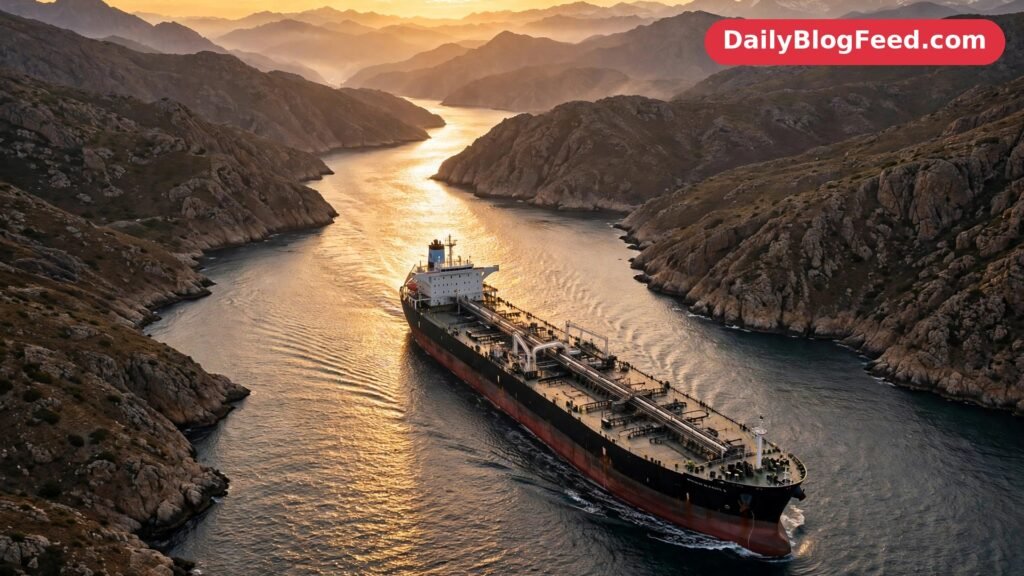 A large oil tanker sails through the Strait of Hormuz at sunset