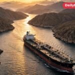 A large oil tanker sails through the Strait of Hormuz at sunset