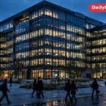The glass headquarters of a major social media company at dusk