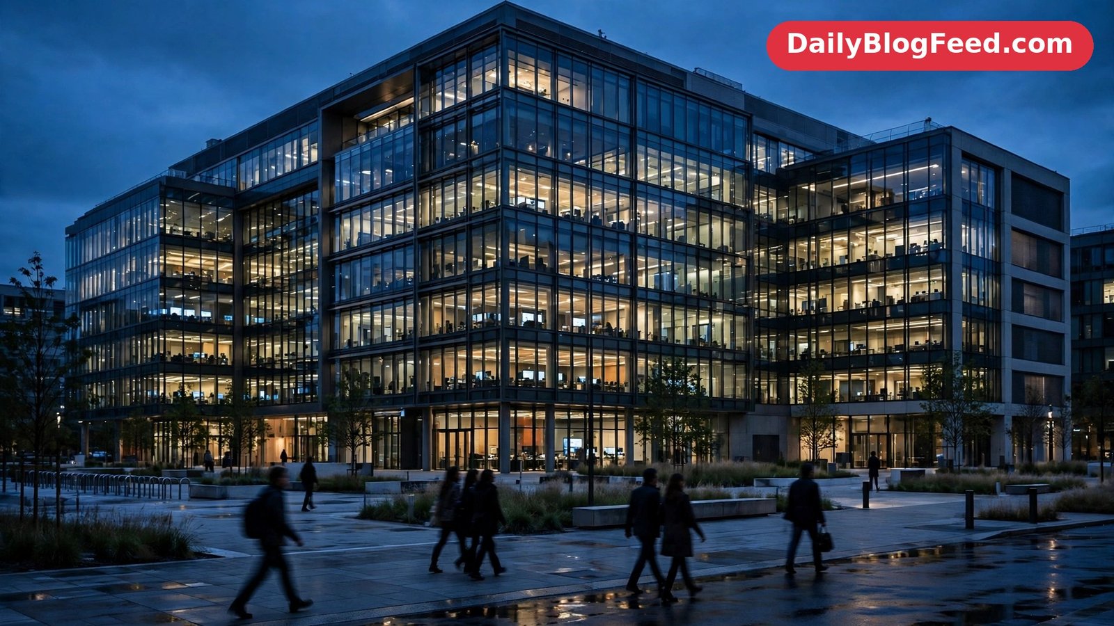 The glass headquarters of a major social media company at dusk