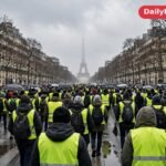Protesters in yellow vests march along a Paris avenue during the fuel-price protests