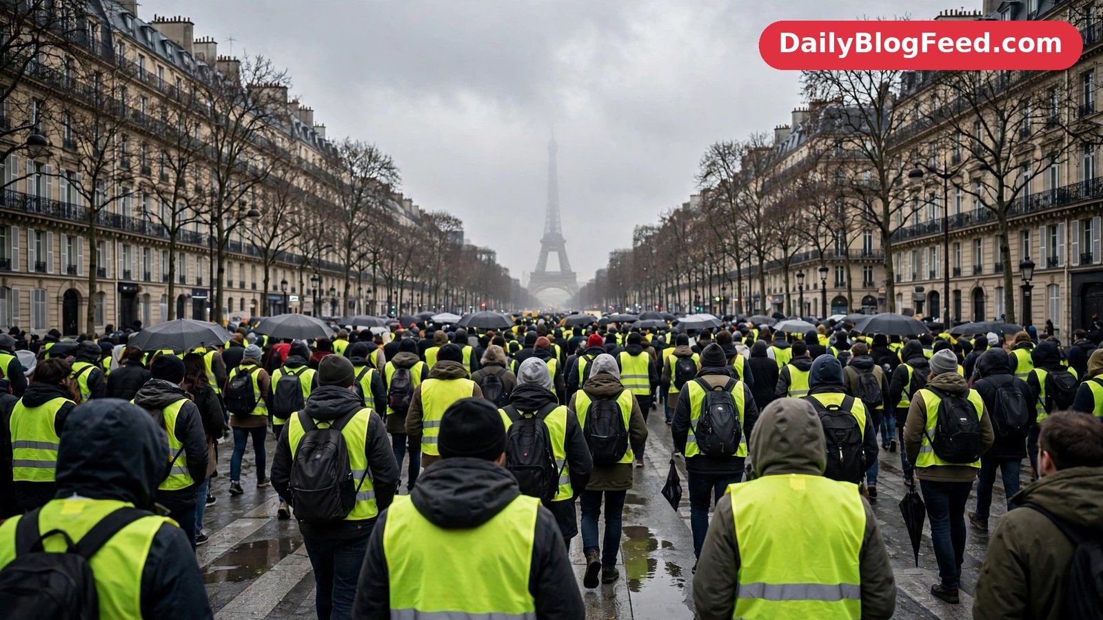 Protesters in yellow vests march along a Paris avenue during the fuel-price protests