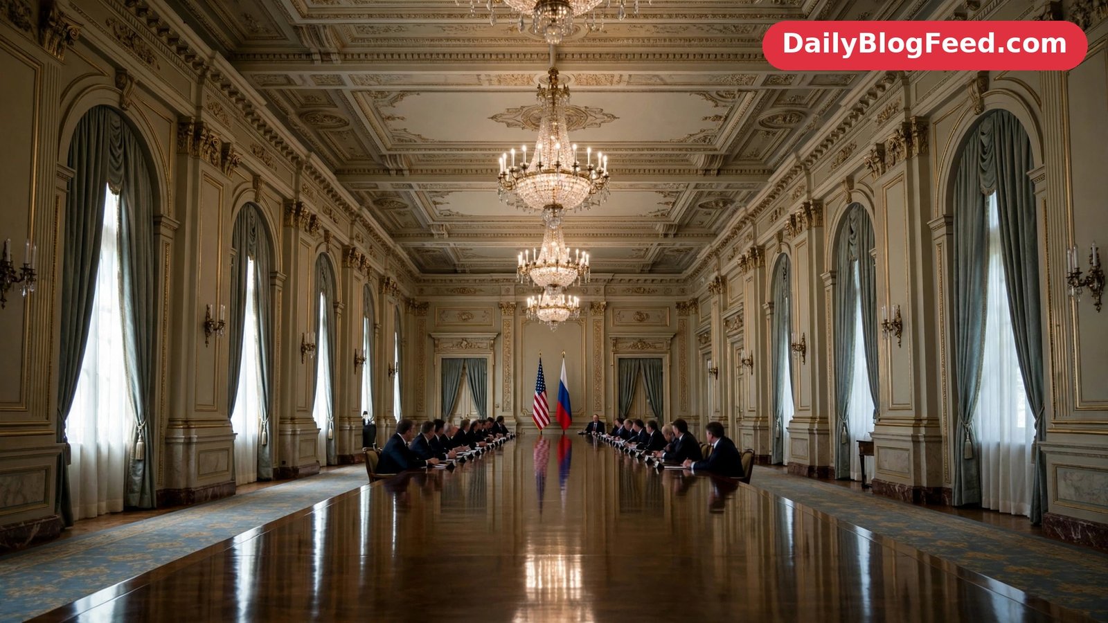 Officials seated at a long negotiating table during talks in St Petersburg