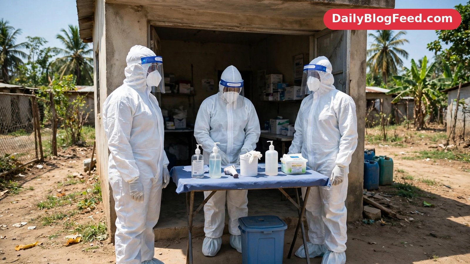 Health workers in protective equipment at a clinic entrance in West Africa
