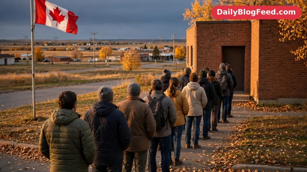 Voters queue outside a polling station in Alberta during the referendum