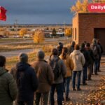 Voters queue outside a polling station in Alberta during the referendum