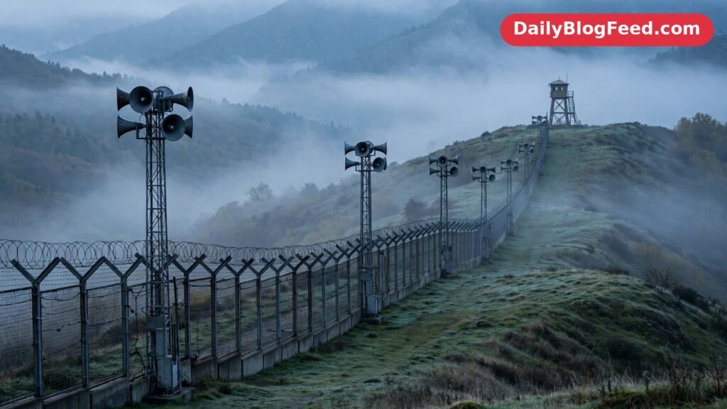 Loudspeaker towers stand along the fortified border between North and South Korea at dawn