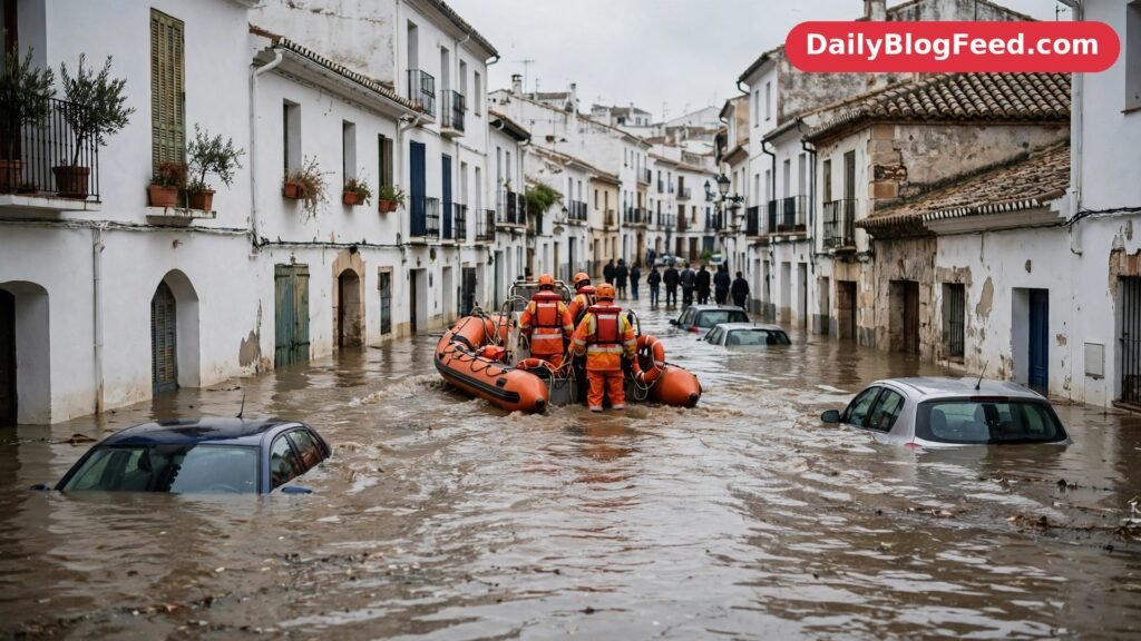 Rescue workers navigate a flooded street in eastern Spain after deadly floods