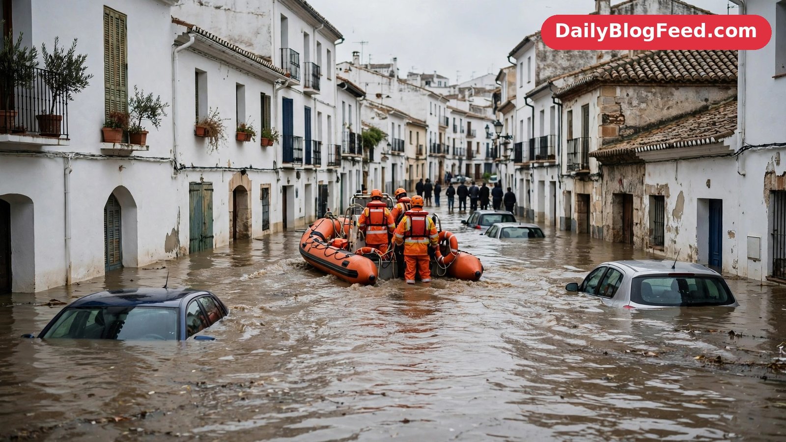 Rescue workers navigate a flooded street in eastern Spain after deadly floods