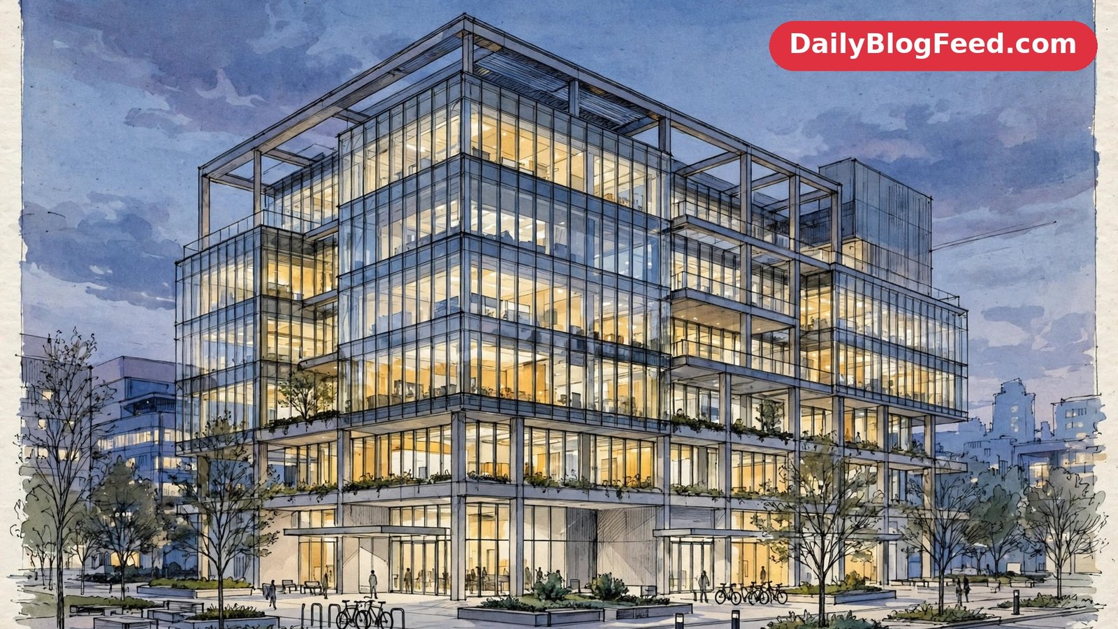 Modern glass tech headquarters exterior at dusk, editorial style