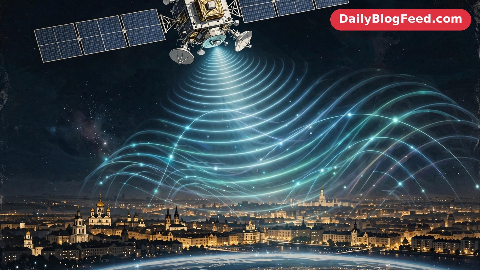 Editorial illustration of a communications satellite beaming signals over a distant Eastern European city skyline at night