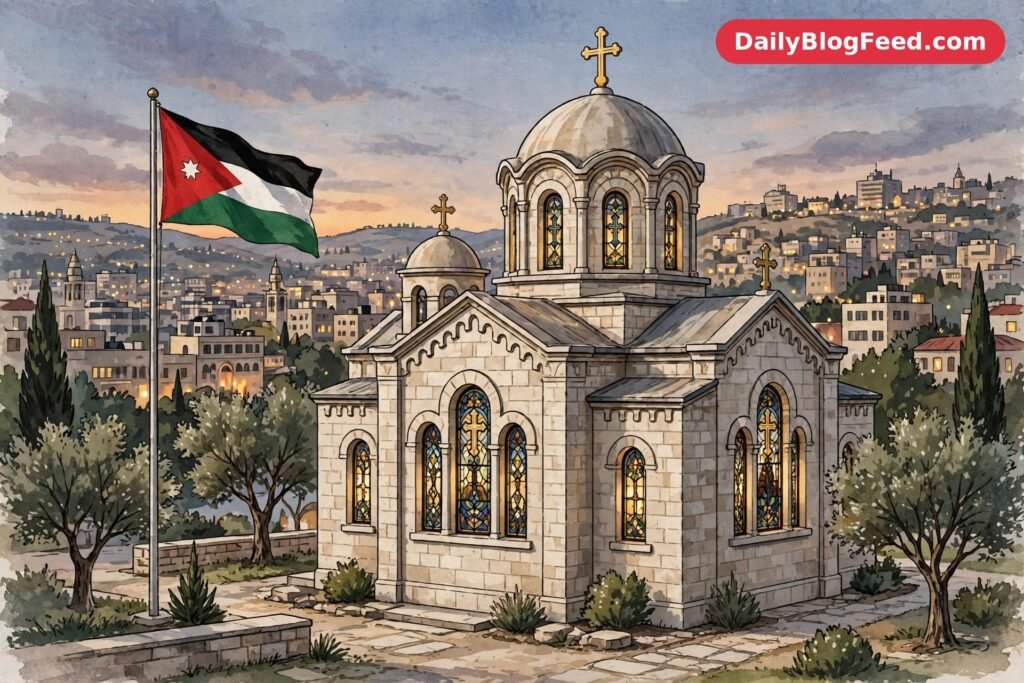 stained glass church interior, Jordanian flag, Amman skyline, safe editorial illustration