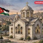 stained glass church interior, Jordanian flag, Amman skyline, safe editorial illustration