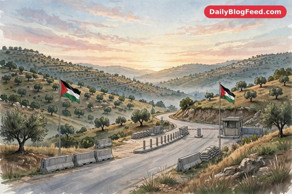 West Bank checkpoint landscape with flags, safe editorial illustration