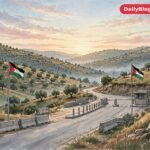 West Bank checkpoint landscape with flags, safe editorial illustration