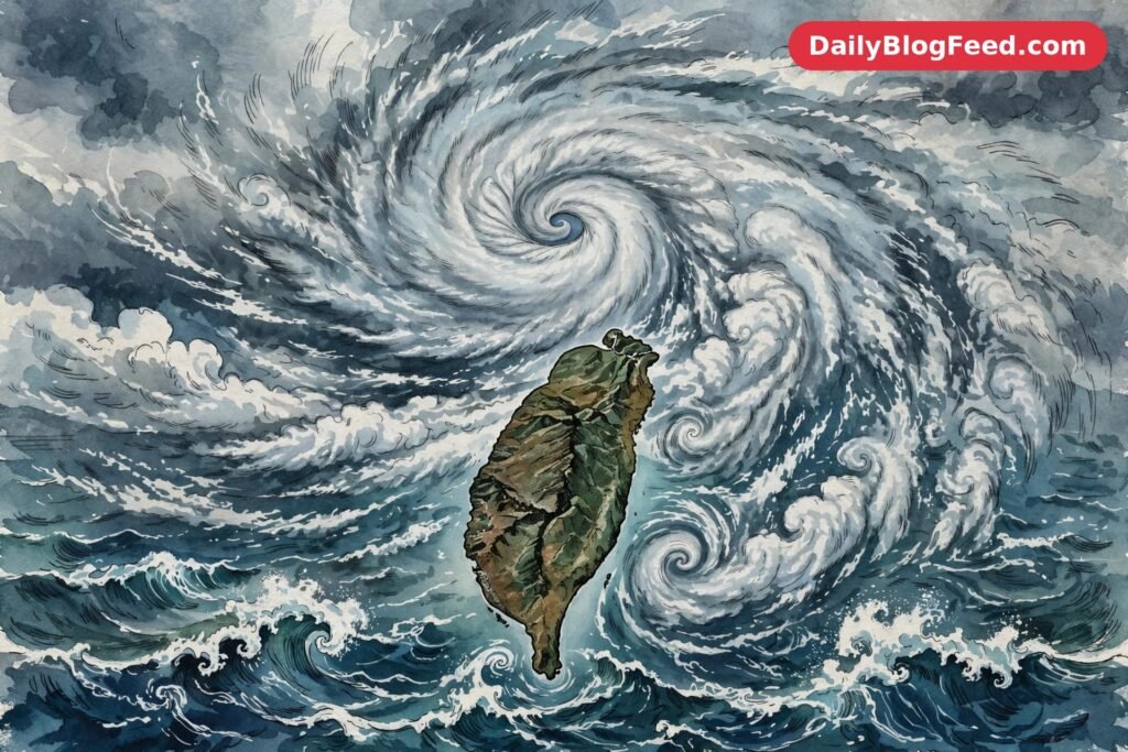 typhoon over Taiwan, satellite-style view, storm waves, editorial illustration