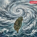 typhoon over Taiwan, satellite-style view, storm waves, editorial illustration
