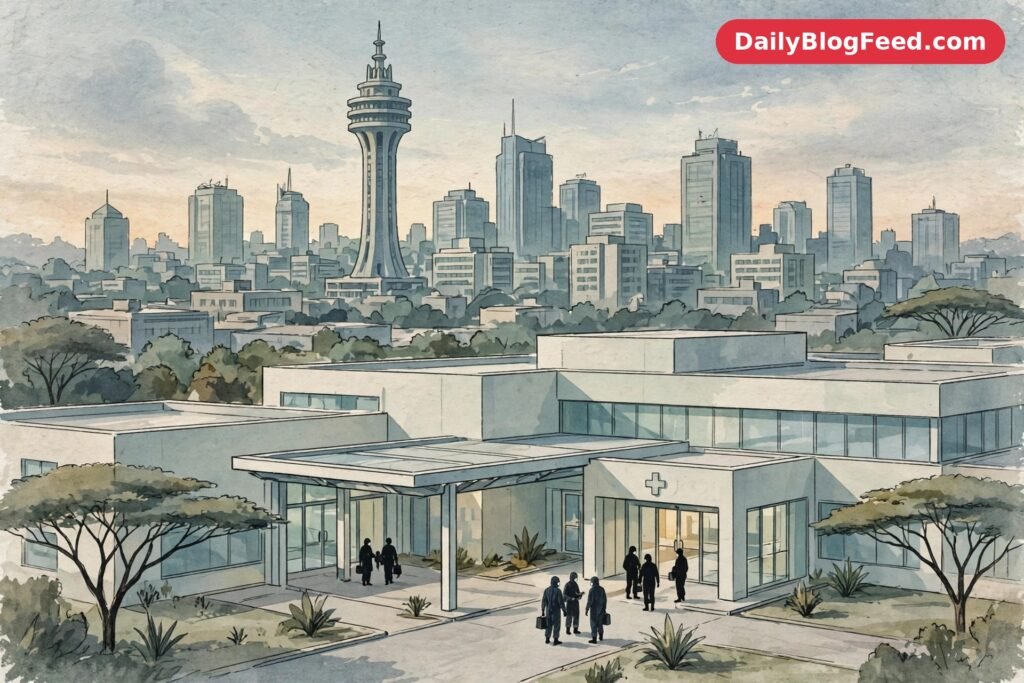 Nairobi skyline with medical facility, health workers in PPE, safe editorial illustration