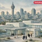 Nairobi skyline with medical facility, health workers in PPE, safe editorial illustration