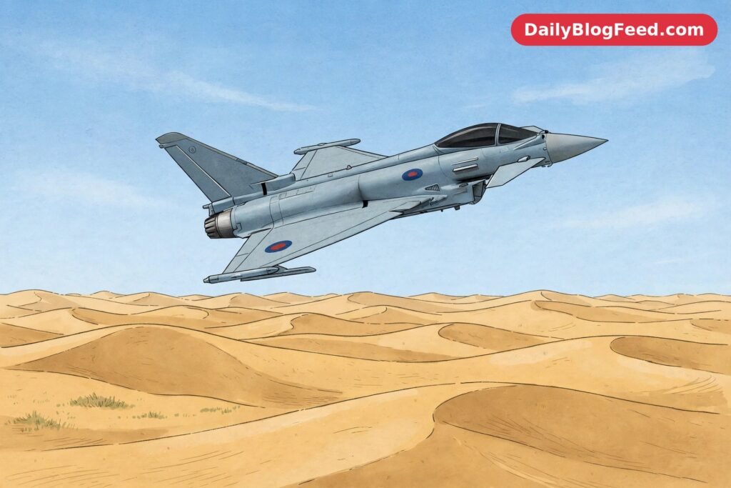 fighter jet in sky over desert, RAF roundel, editorial illustration
