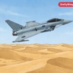 fighter jet in sky over desert, RAF roundel, editorial illustration