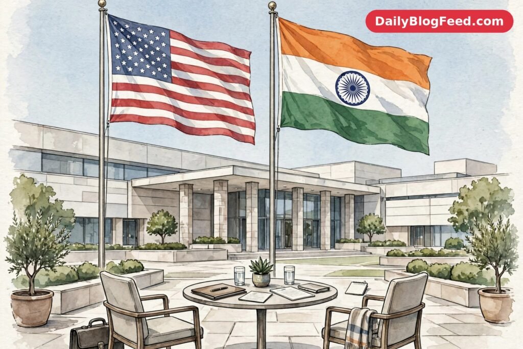 US and India flags, diplomatic meeting, editorial illustration