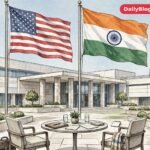 US and India flags, diplomatic meeting, editorial illustration