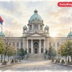 Belgrade parliament building, Serbian flag, editorial illustration