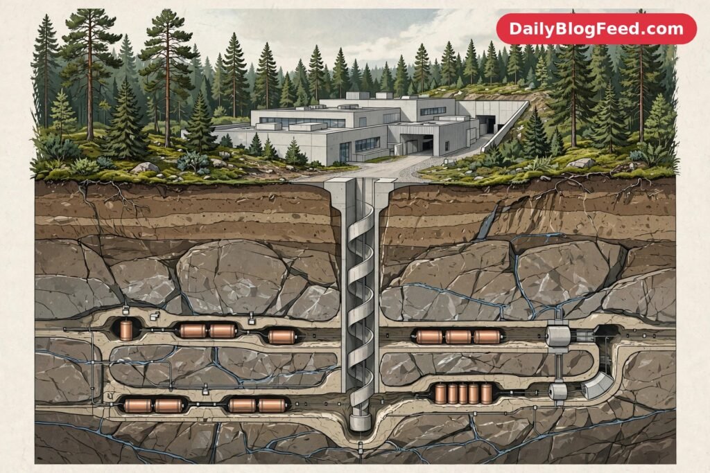 underground rock tunnel, Finnish pine forest facility, editorial illustration