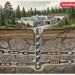 underground rock tunnel, Finnish pine forest facility, editorial illustration