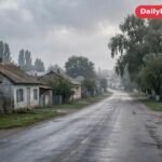 A general view of a quiet street in a southern Ukrainian town under an overcast sky