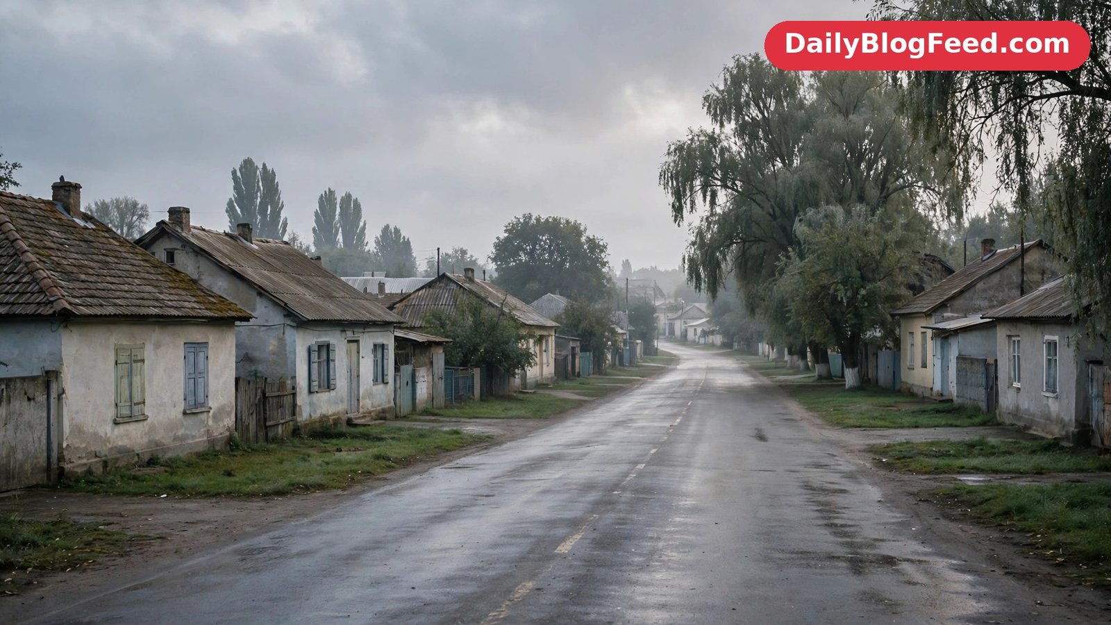 A general view of a quiet street in a southern Ukrainian town under an overcast sky