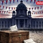 Ballot box and Serbian flag colours in front of a parliament building silhouette