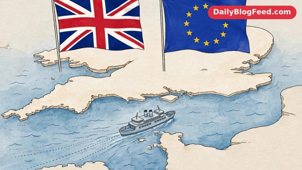Union Jack and European Union flag side by side above a stylised map of the English Channel