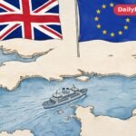 Union Jack and European Union flag side by side above a stylised map of the English Channel