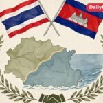 Thai and Cambodian flags crossed above a stylised map of the shared border region with olive branches