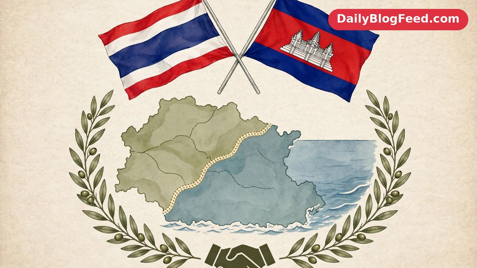 Thai and Cambodian flags crossed above a stylised map of the shared border region with olive branches