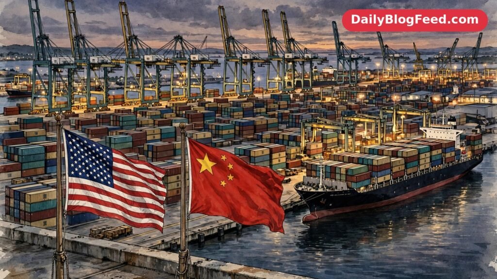 Busy container port at dusk with cargo cranes and stacked shipping containers, with the flags of the United States and China flying side by side