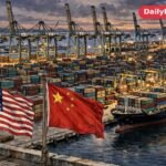 Busy container port at dusk with cargo cranes and stacked shipping containers, with the flags of the United States and China flying side by side