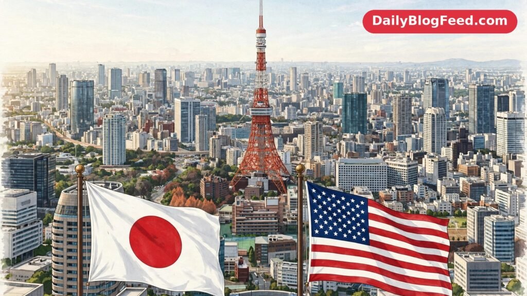 Tokyo skyline with Tokyo Tower and the flags of Japan and the United States