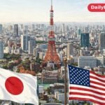 Tokyo skyline with Tokyo Tower and the flags of Japan and the United States