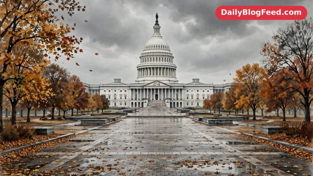 United States Capitol building under a grey overcast sky with an empty plaza and autumn trees
