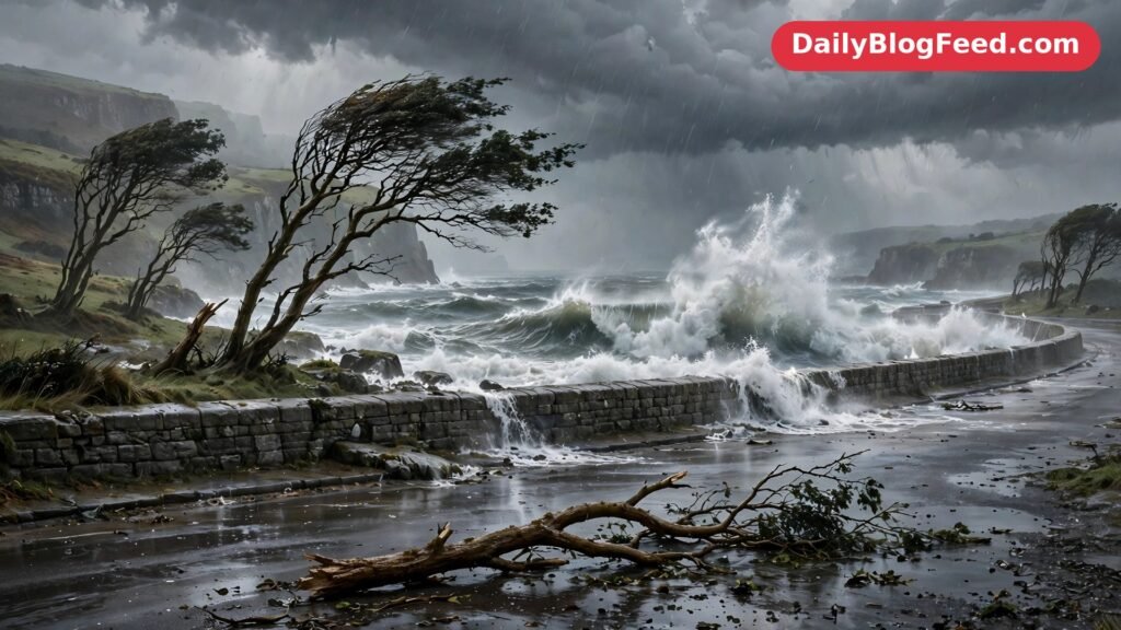 Stormy British coastline with huge waves crashing against a stone seawall, dark storm clouds and a fallen branch on an empty wet road