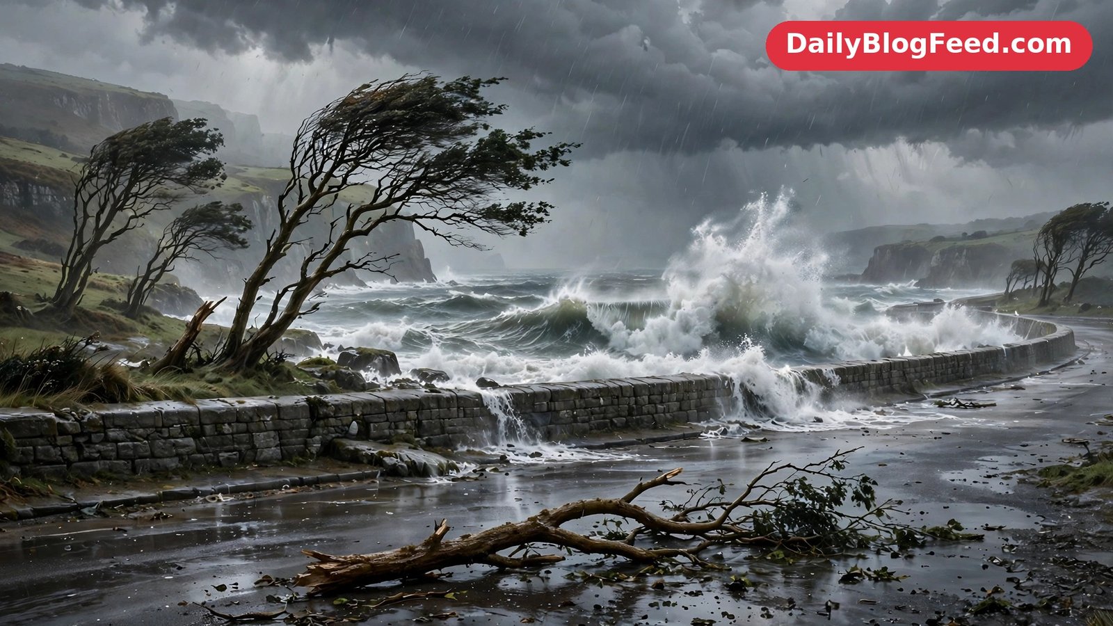 Stormy British coastline with huge waves crashing against a stone seawall, dark storm clouds and a fallen branch on an empty wet road