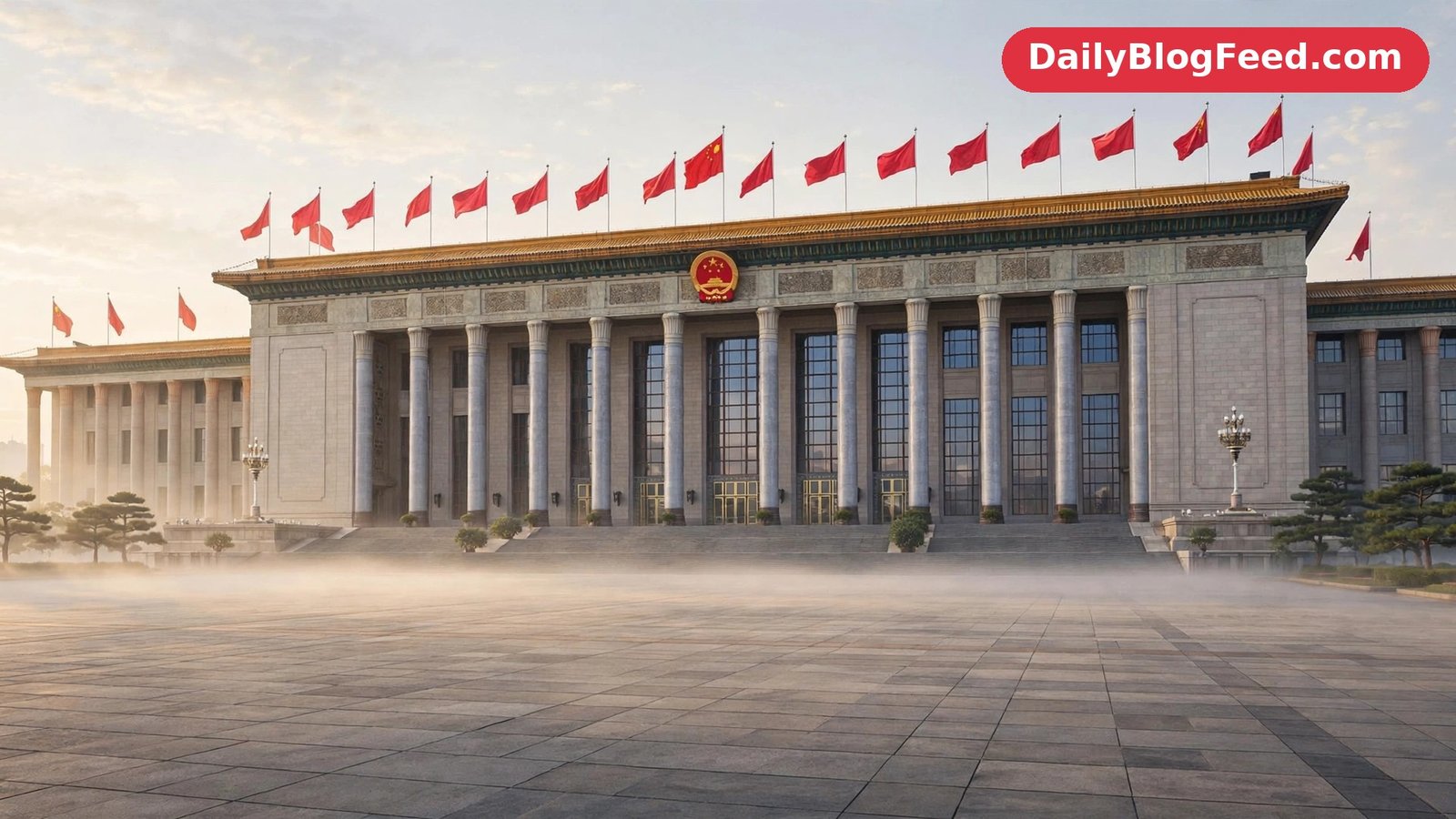 Grand columned government hall in Beijing with red flags in front and a wide empty plaza in morning light