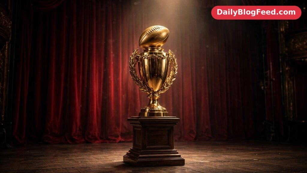 Golden football trophy on a pedestal on a theatre stage under a spotlight, with dark red velvet curtains behind