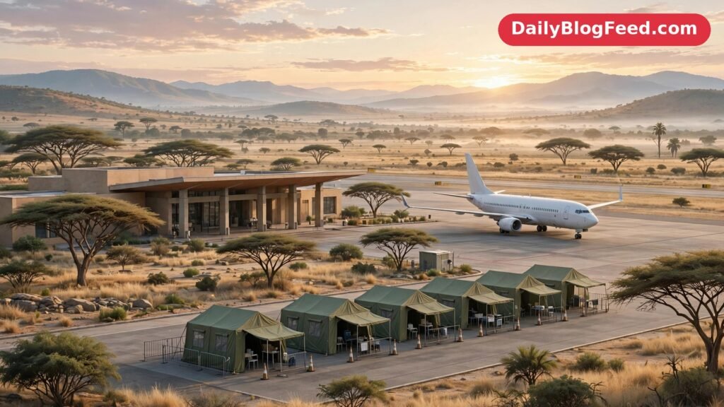 Airport terminal exterior at sunrise with a passenger airplane parked on the tarmac